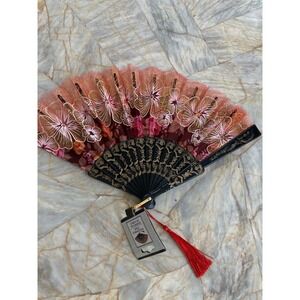 Greenbrier International Foldable Hand Fan Black Pink Gold Floral Tassel NWT
